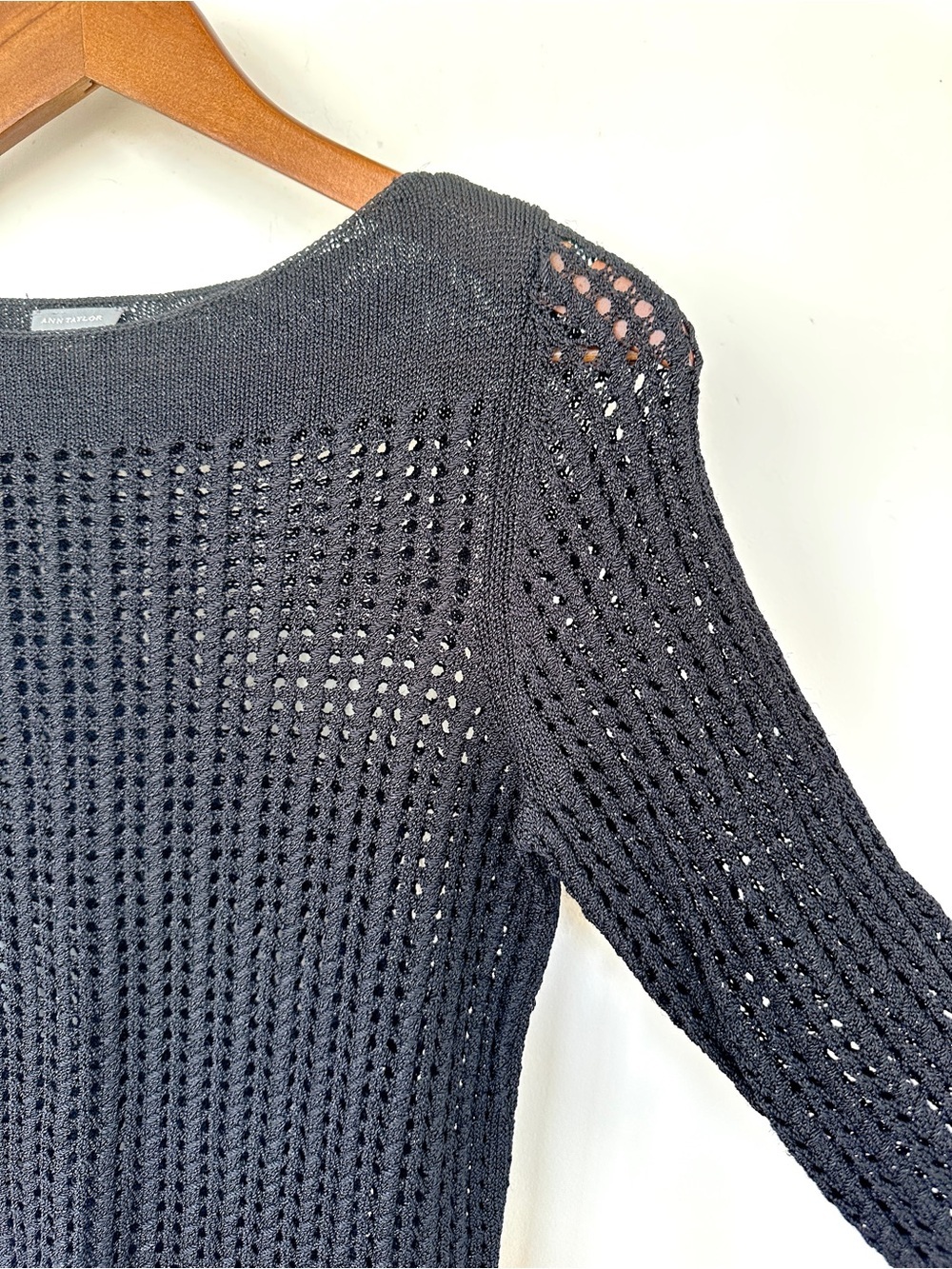 All Taylor Pointelle Knit Sweater with 3/4 Length Sleeves, Stretch, Black
